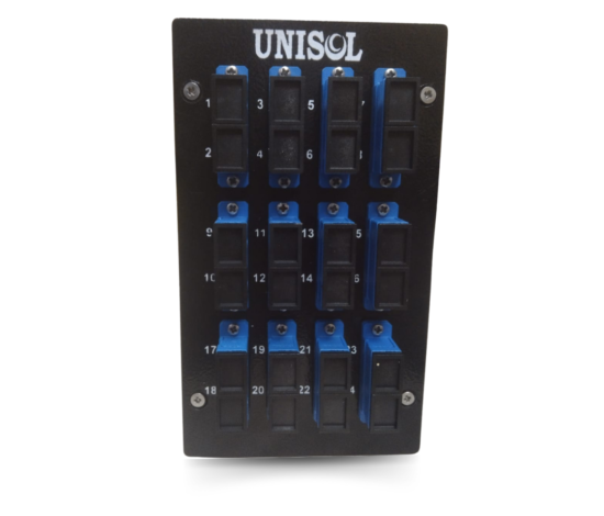 front view of powder coated 24 port din rail mount liu loaded with 12 single mode SC duplex adapters
