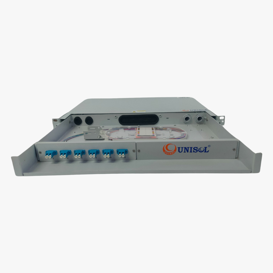 12 port sliding rack mount fiber patch panel loaded with 6 singlemode LC duplex adapters and fiber optic pigtails